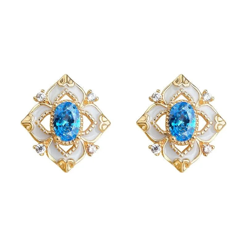 Light Luxury Aquamarine Enamel Floral Geometric Zircon Copper Stud Earrings