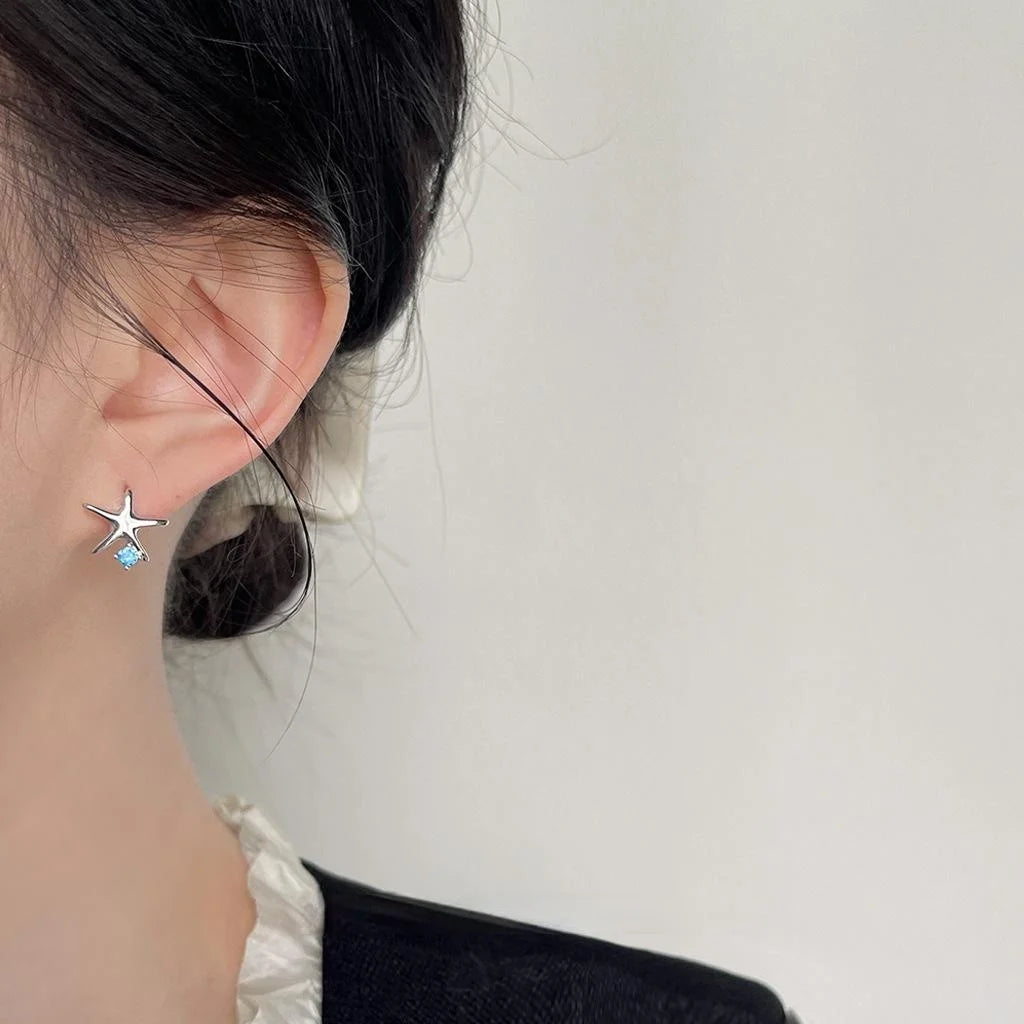 Ocean Series Asymmetric Copper Stud Earrings Micro Pave Zircon Starfish Shell Sweet Fashion Jewelry