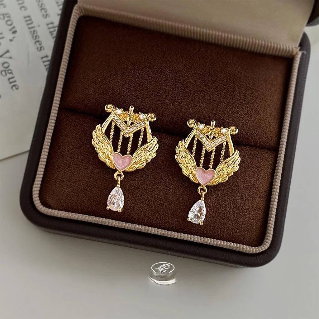 Original Harp Geometric Copper Zircon Drop Earrings, Style Designer Music Note Jewelry