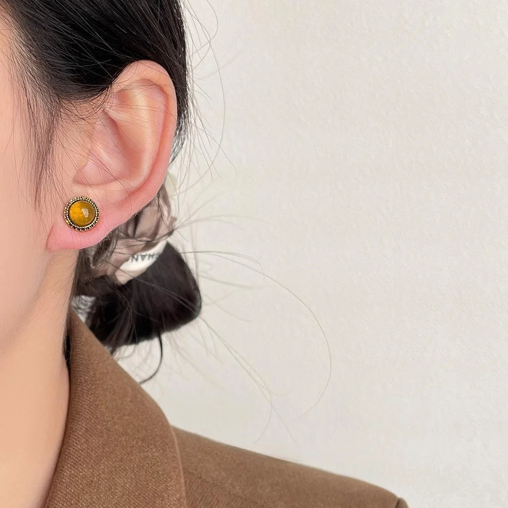Vintage Maillard Style Antique Gold Plated Copper Round Geometric Stud Earrings For Women