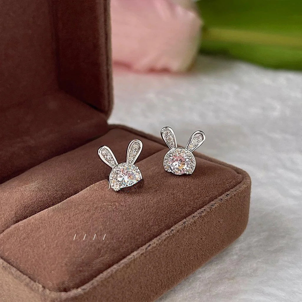 Cute Rabbit Micro Pave Zircon Copper Stud Earrings Simple Sweet Animal Design Jewelry