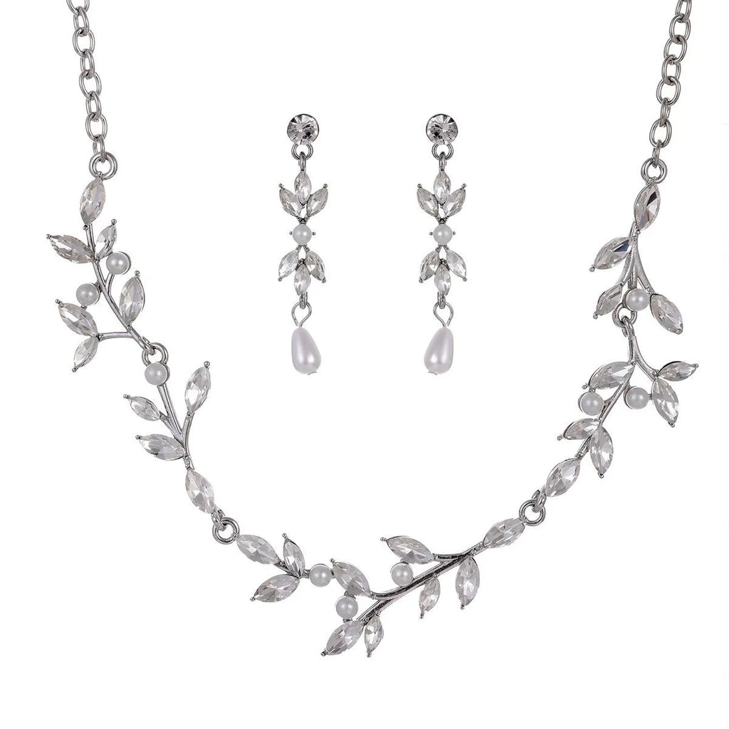 Elegant Bridal Pearl Rhinestone Leaf Necklace Earrings Jewelry Set For Wedding Party Banquet Gift
