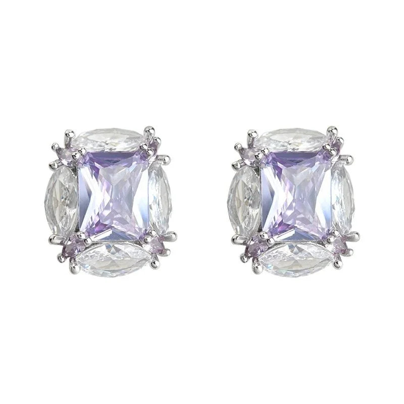 Lavender Purple Zircon Inlaid Geometric Round Oval Copper Stud Earrings Light Luxury Jewelry