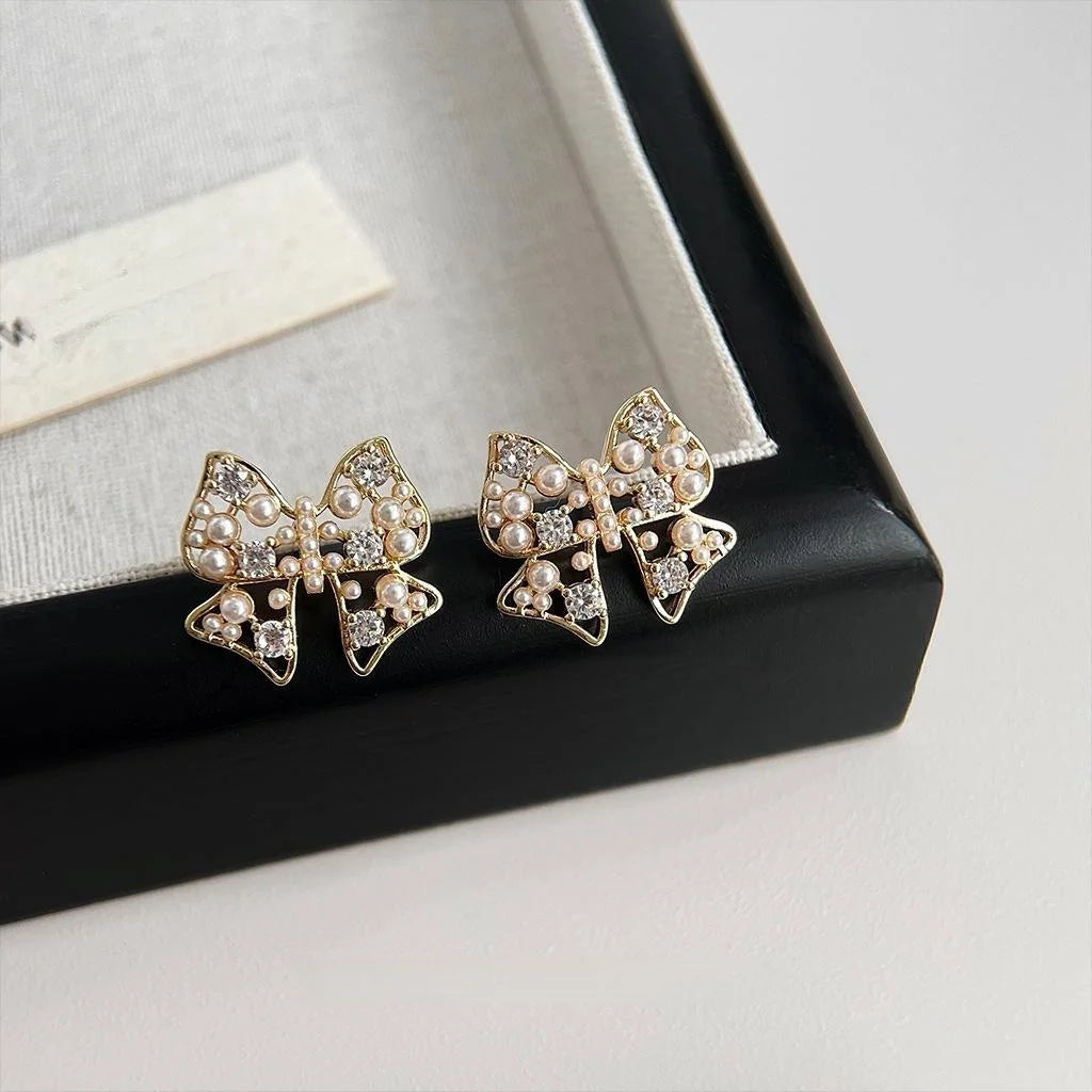 14K Gold Plated Copper Bow Stud Earrings Micro Pave Zircon Hollow Light Luxury Jewelry