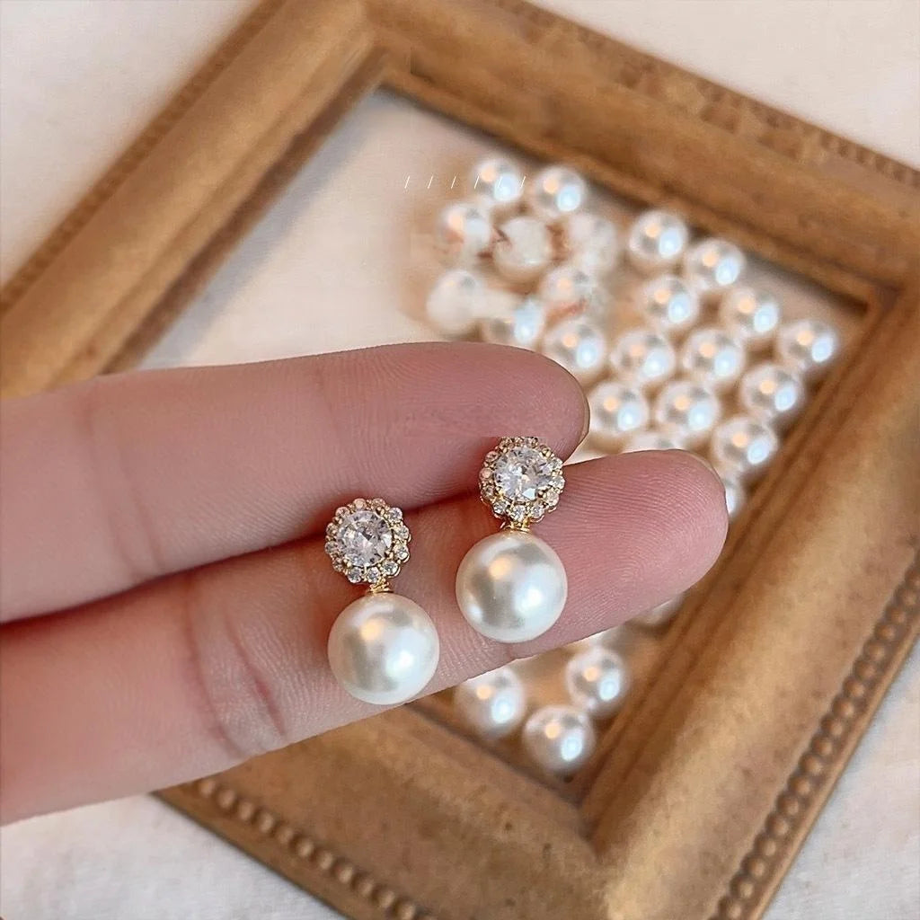 Light Luxury Copper Glass Pearl Micro Pave Zircon Geometric Round Drop Earrings For Women