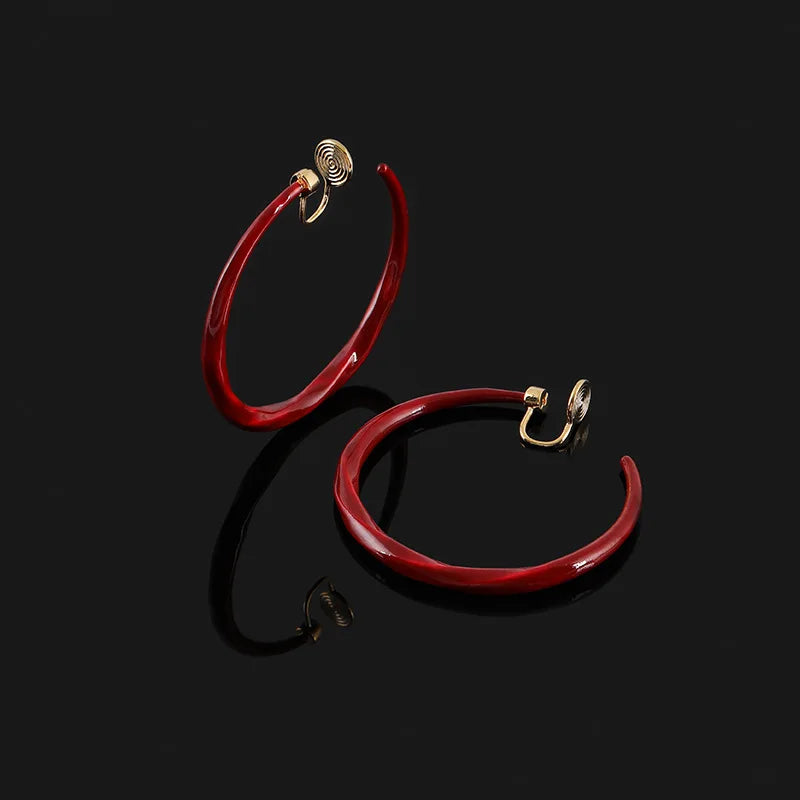 Vintage Red Enamel Twisted Large Hoop Spiral Stud & Clip On No Piercing Statement Earrings