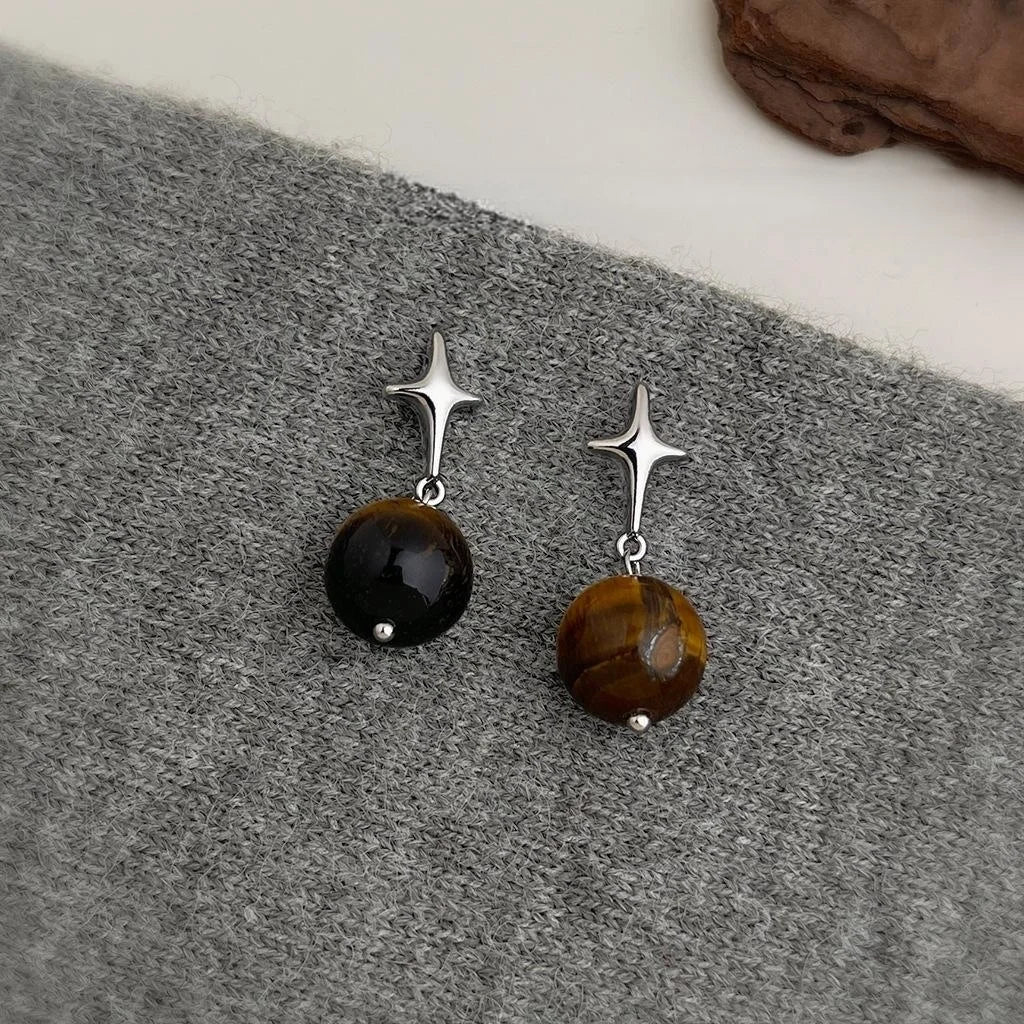 Maillard Style Natural Tiger Eye Copper Eight Point Star Tassel Drop Earrings