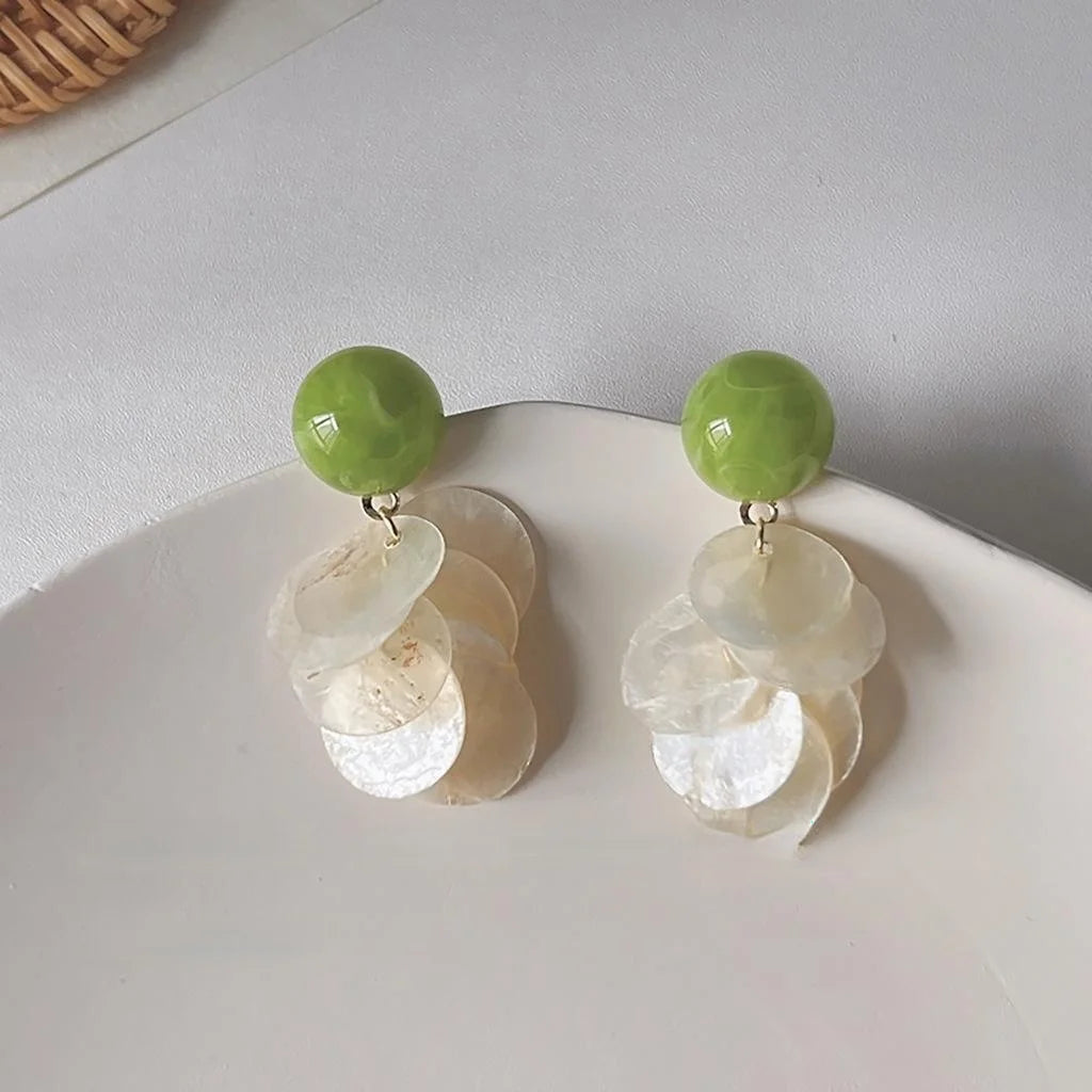 Forest Style Green Natural Shell Geometric Tassel Stud Earrings With Silver Plated Pins