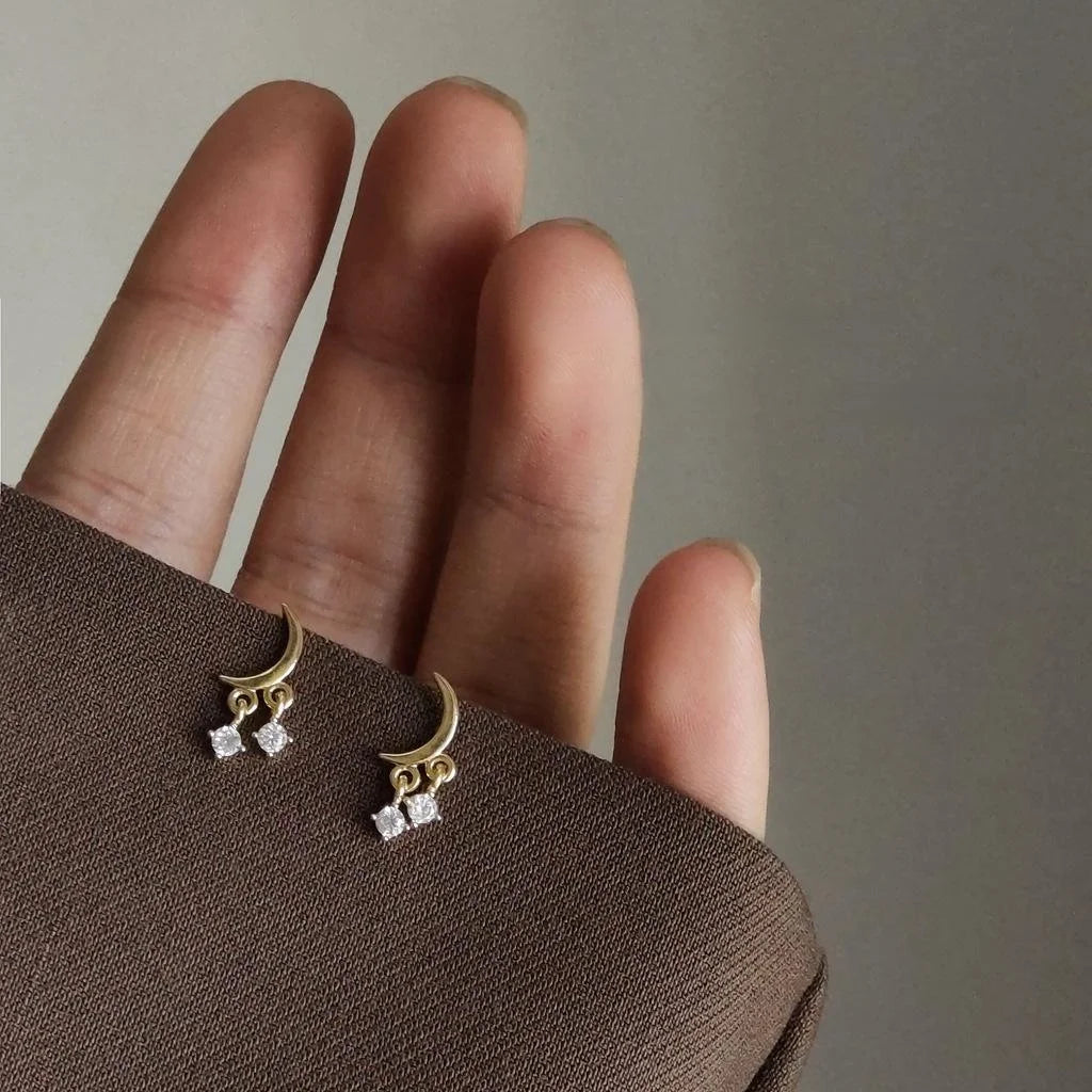 14K Plated Copper Micro Pave Zircon Mini Moon Stud Earrings For Women Simple Geometric Jewelry