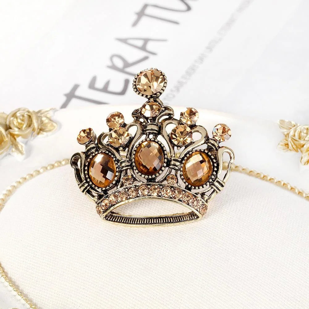 Vintage Hollow Crown Brooch With Amber Rhinestones, Elegant Alloy Lapel Pin For Suits And Gifts