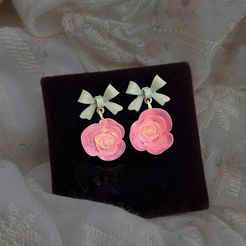 Sweet Frosted Rose Flower Enamel Bow Copper Stud Earrings Handmade Floral Jewelry