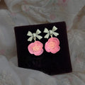 Sweet Frosted Rose Flower Enamel Bow Copper Stud Earrings Handmade Floral Jewelry