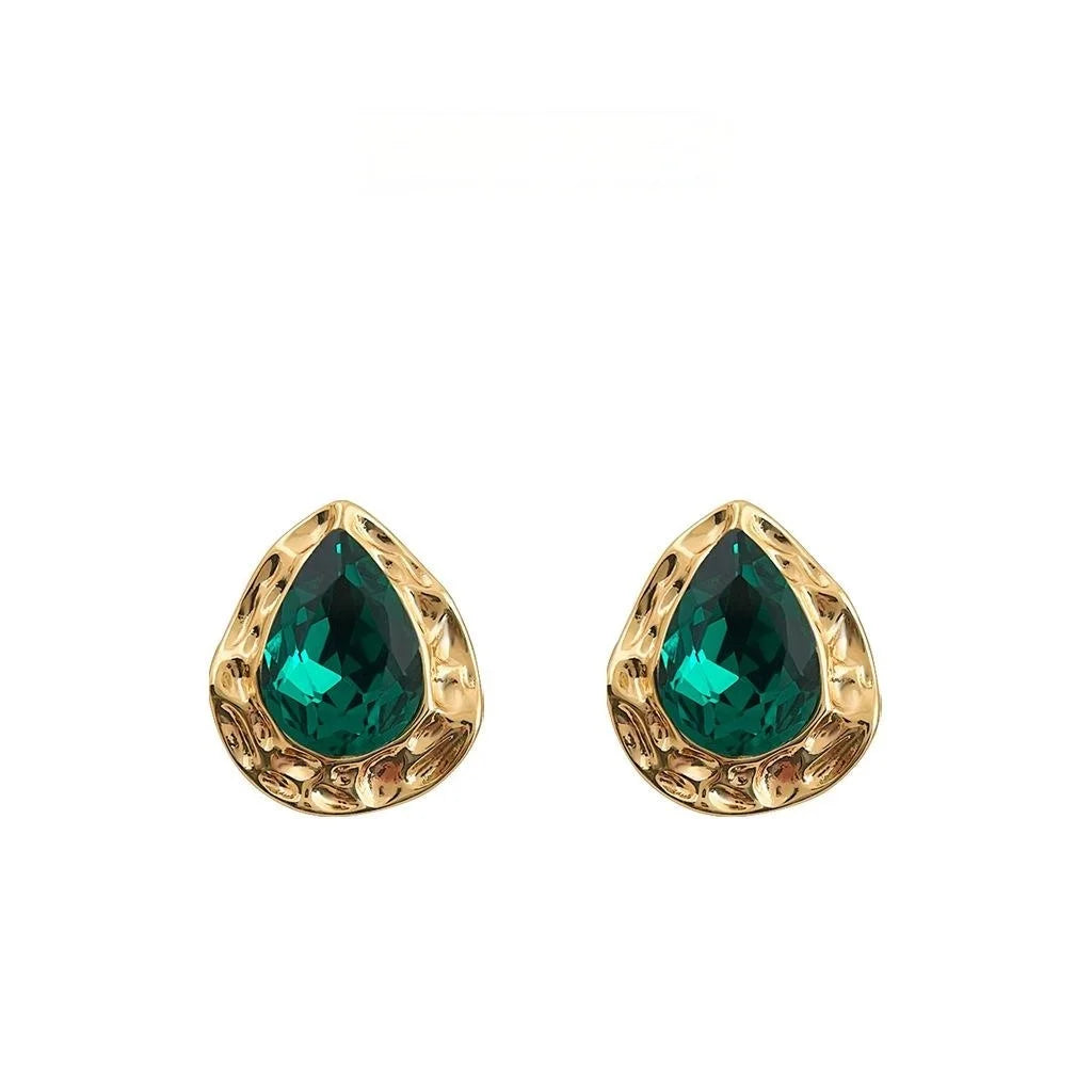 Court Style Teardrop Glass Crystal Stud Earrings Hammered Copper Vintage Luxury Jewelry