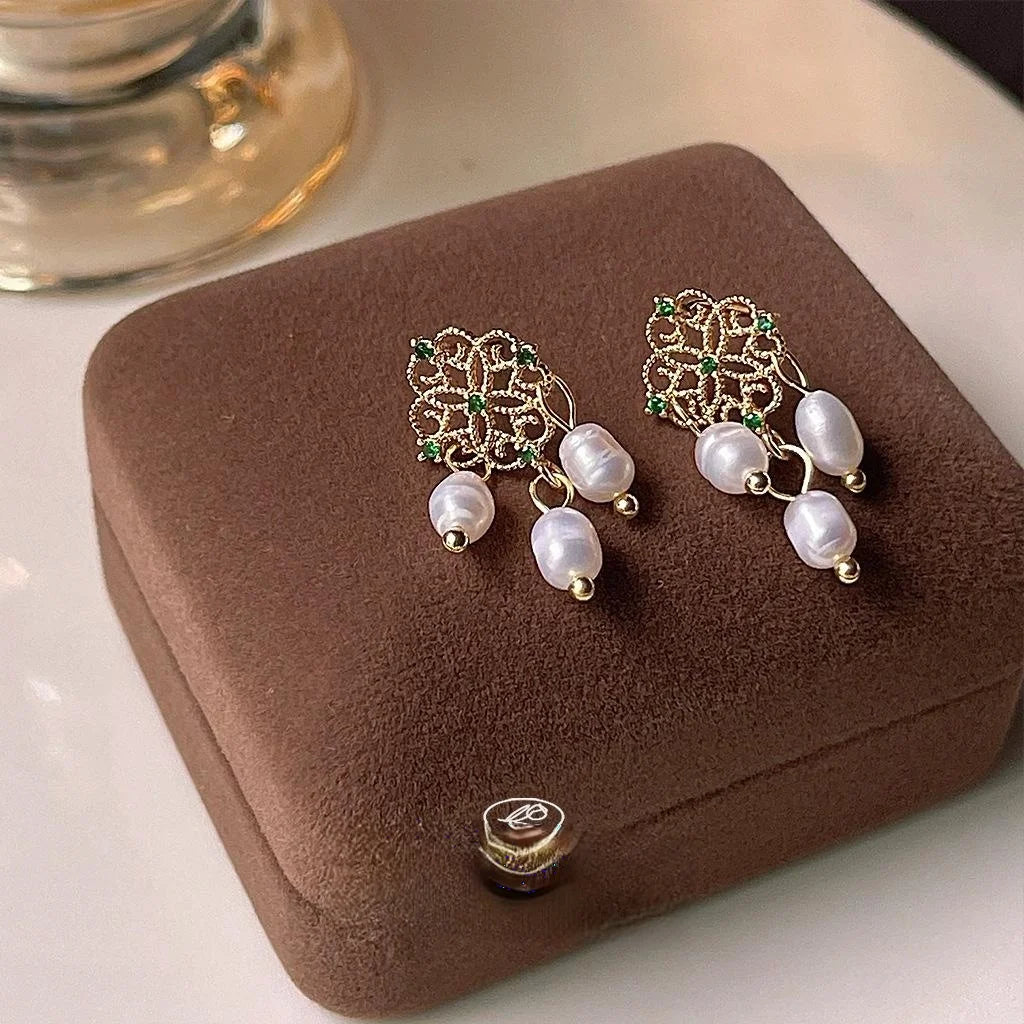 French Vintage Freshwater Pearl Zircon 14K Gold Plated Copper Hollow Lace Dreamcatcher Stud Earrings