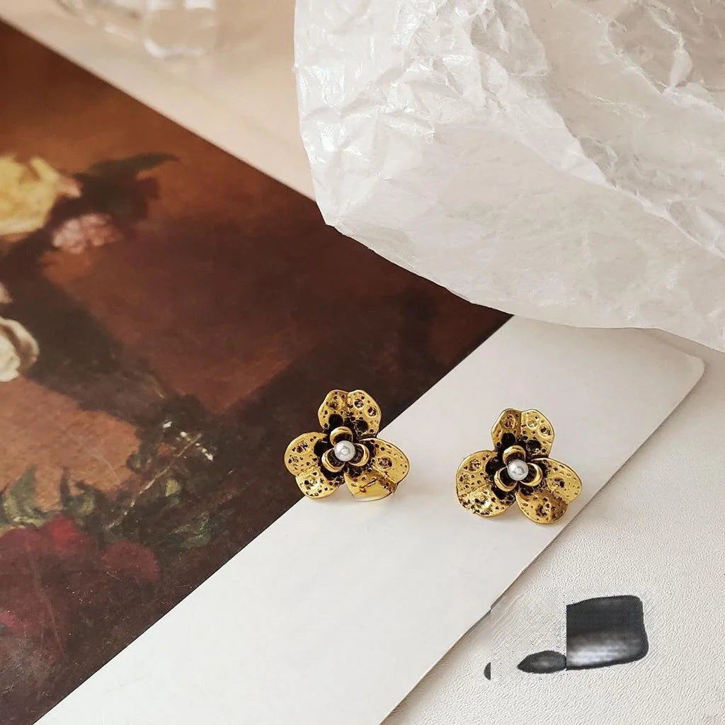 Vintage Oxidized Antique Gold Alloy Three Petal Flower Stud Earrings