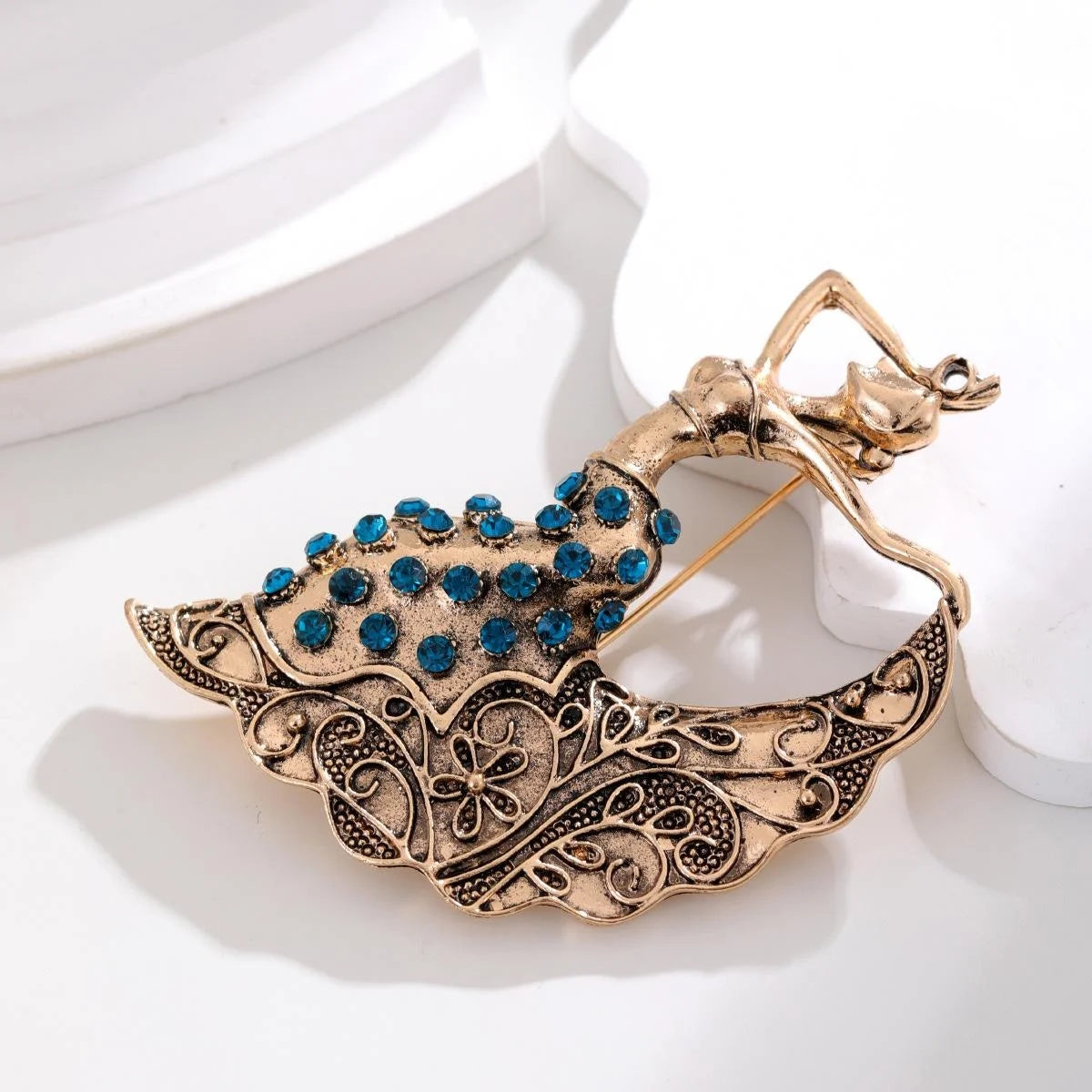 Vintage Ethnic Dancing Girl Brooch With Blue Rhinestones, Antique Gold Alloy Lapel Pin Suit Accessory