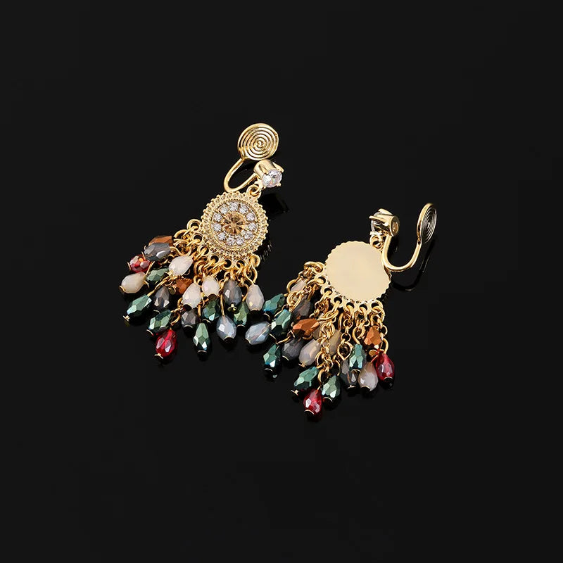 Vintage Spiral Round Rhinestone Crystal Tassel Stud & Clip On No Piercing Long Drop Earrings