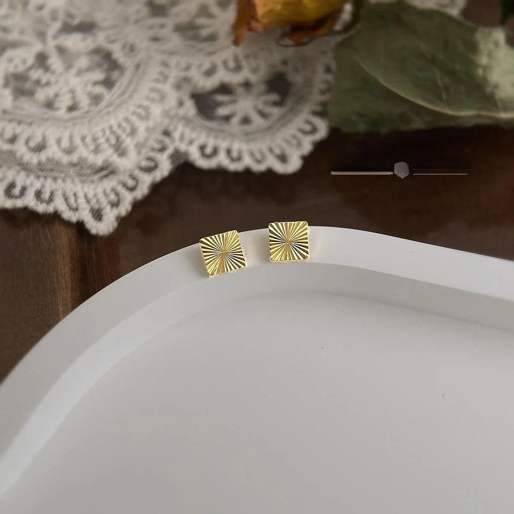 18K Real Gold Plated Copper Geometric Square Faceted Stud Earrings, Light Luxury