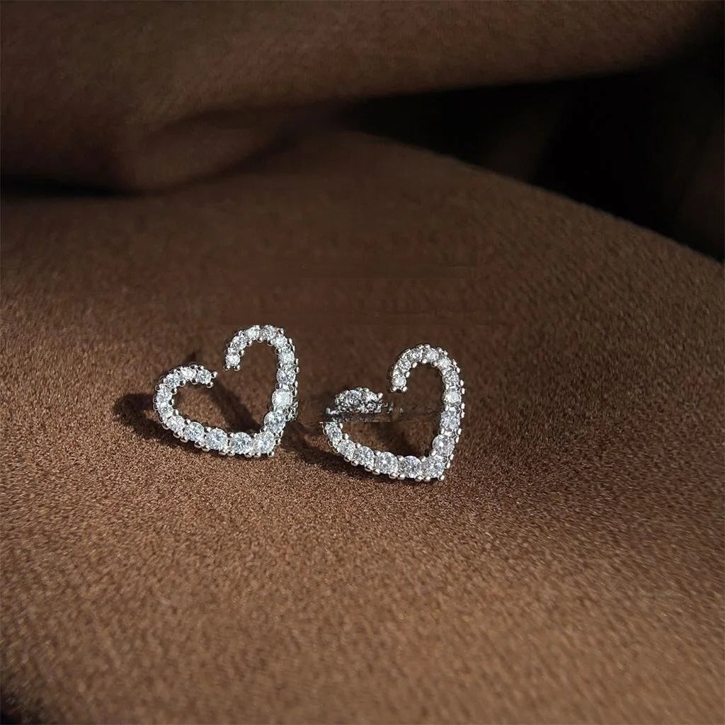 Elegant Copper Micro Pave Zircon Hollow Heart Stud Earrings Minimalist Line Design