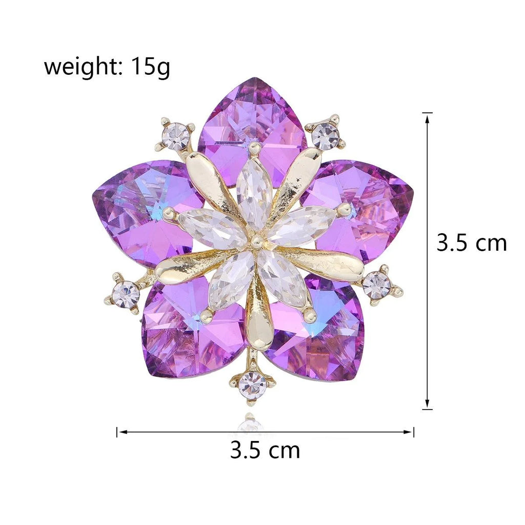 Luxury Purple Glass Crystal Camellia Flower Brooch With Rhinestones, Elegant Lapel Pin Corsage Suit Accessory