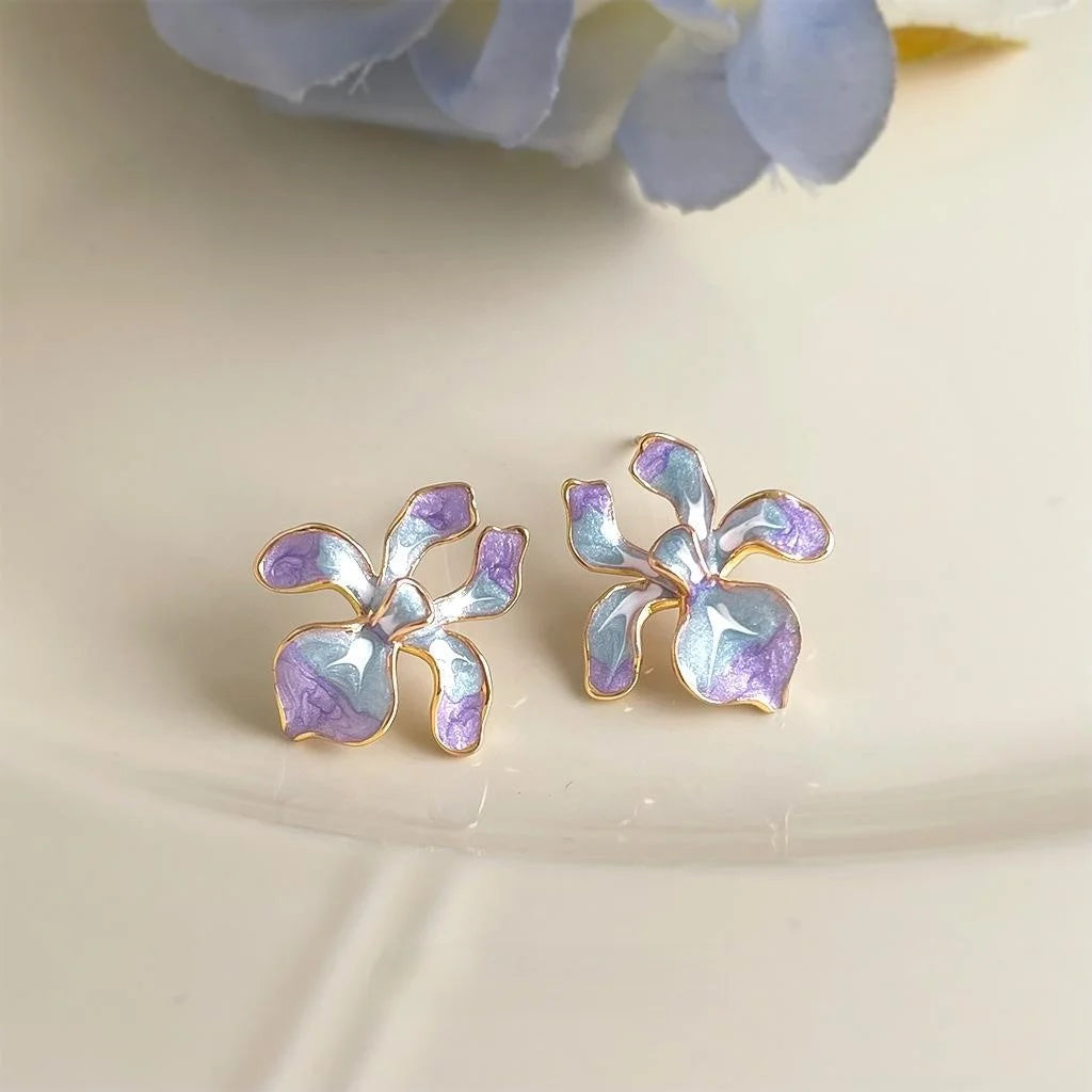 Gold Plated Copper Iris Flower Drop Earrings Hand Painted Enamel Gradient Floral Pastoral Jewelry