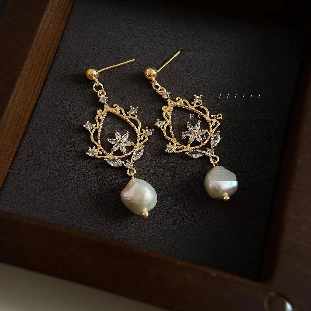 14K Gold Plated Copper Baroque Freshwater Pearl Micro Pave Zircon Geometric Tassel Drop Earrings