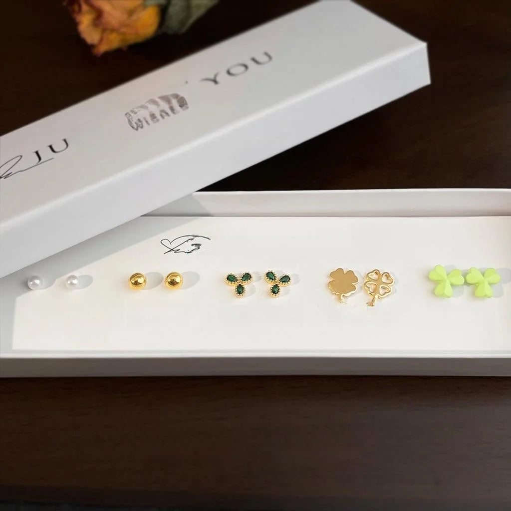 5 Piece Lucky Flower Zircon Stud Earrings Copper Floral Geometric Light Luxury Jewelry