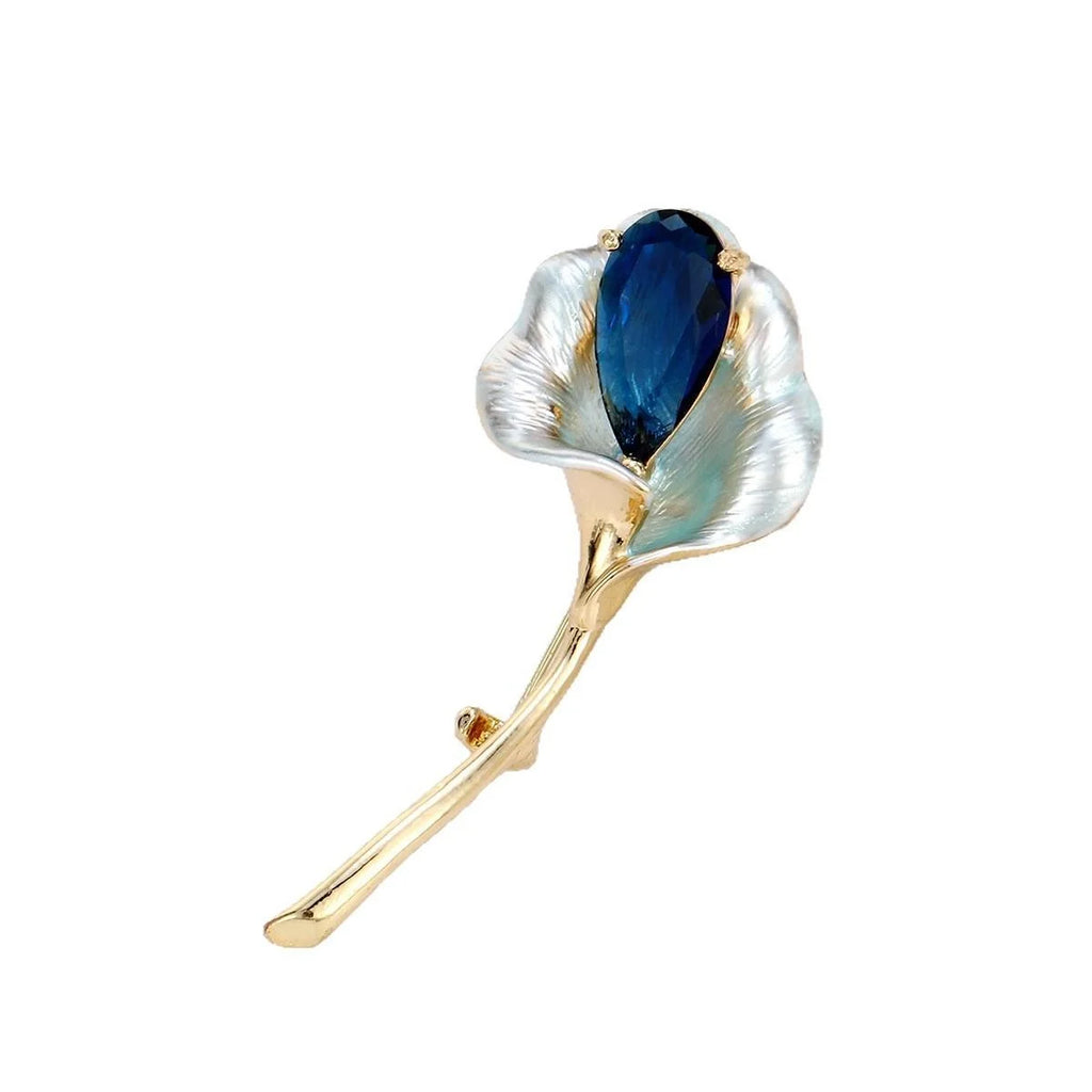 Elegant Calla Lily Flower Brooch With Blue Zircon Mother Of Pearl Petals, Luxury Lapel Pin Suit Corsage Gift