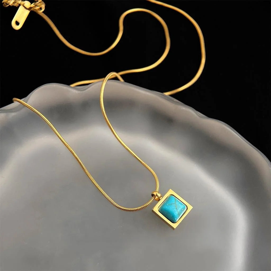 Vintage Stainless Steel Square Synthetic Turquoise Pendant Threaded Chain Necklace