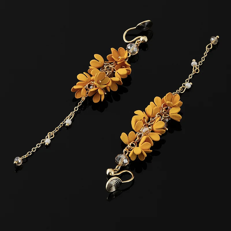 Elegant Yellow Osmanthus Flower Tassel Alloy Crystal Pearl Stud & Clip On No Piercing Earrings