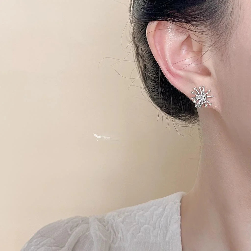Niche Designer Silver Tone Copper Dandelion Stud Earrings Creative Light Luxury Floral Jewelry