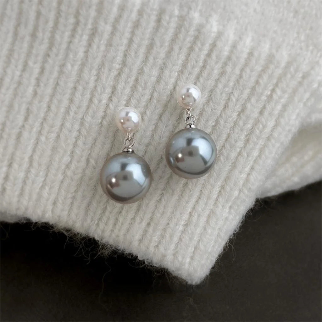 High Gloss Gray Glass Pearl Geometric Round Drop Earrings Copper Old Money Style