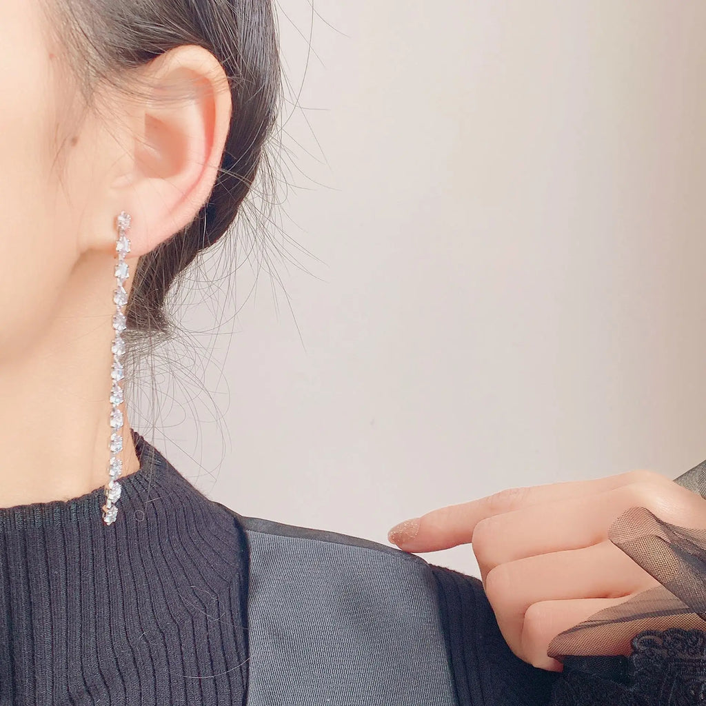 Elegant Long Tassel Marquise Zircon Spiral Drop Stud & Clip On No Piercing Silver Needle Earrings