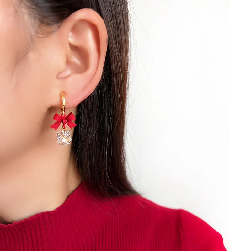 Elegant Red Bowknot Zircon Crystal Ball Spiral Alloy Stud & Clip On No Piercing Drop Dangle Earrings