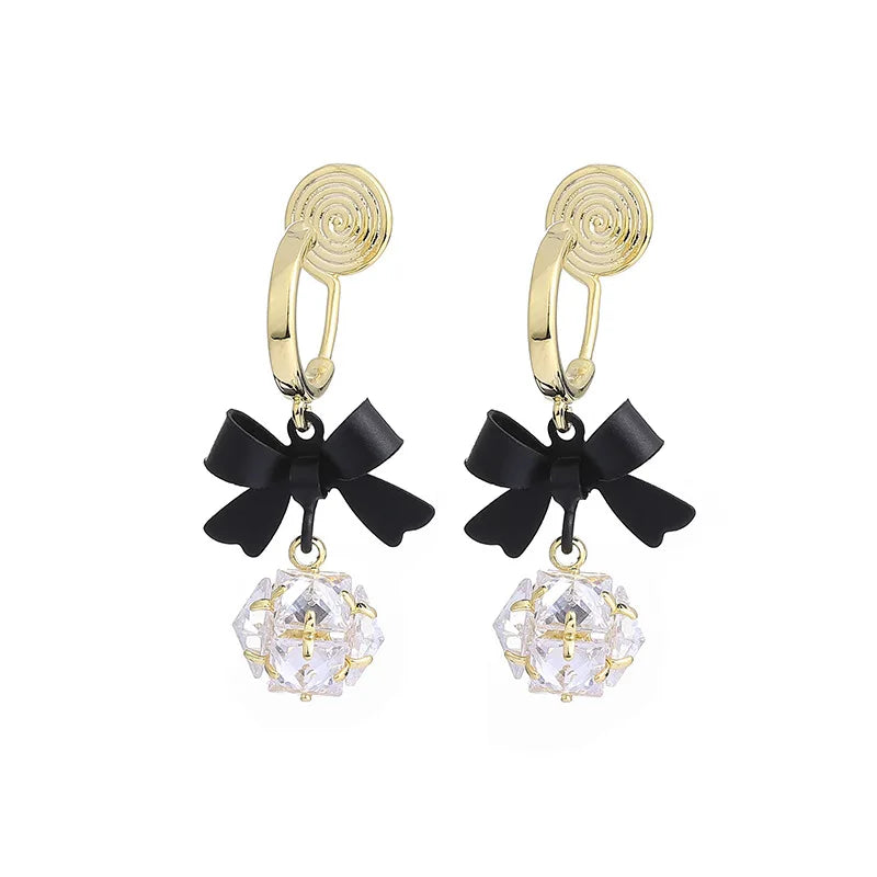 Vintage Black Bow Alloy Zircon Crystal Drop Stud & Clip On No Piercing Luxury Dangle Earrings