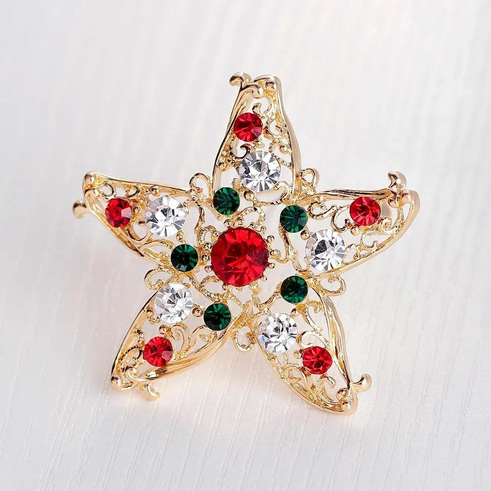 Elegant Christmas Star Rhinestone Alloy Brooch, Gold Filigree Lapel Pin Corsage For Women's Suit Gift