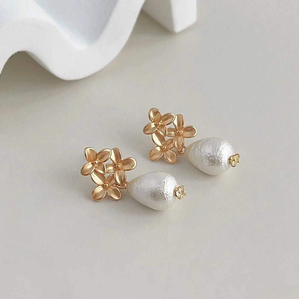Light Luxury Matte Petal Cotton Pearl Drop Earrings Copper Floral Teardrop Jewelry