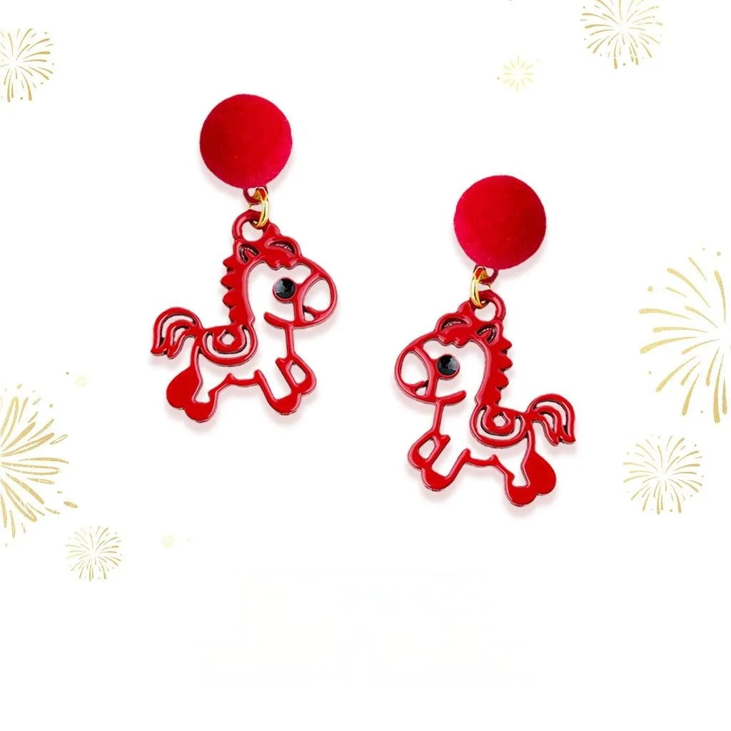 Chinese Style Red Horse Drop Earrings Enamel Flocked Paper Cut Zodiac Jewelry
