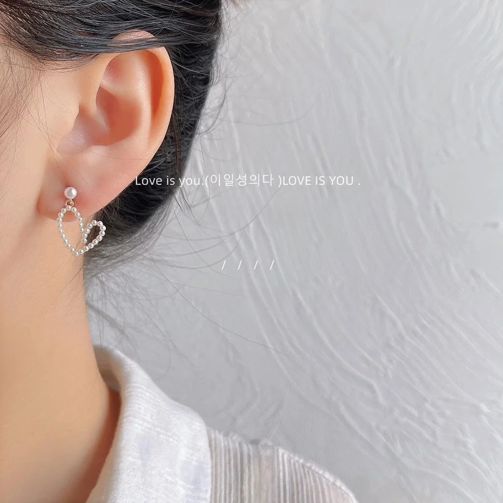 14K Gold Plated Copper Pearl Hollow Heart Stud Earrings Sweet Fresh Korean Style