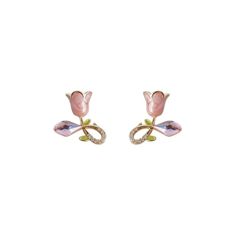 Sweet Oil Painting Tulip Stud Earrings Pink Glass Crystal Vine Zircon Flower Jewelry