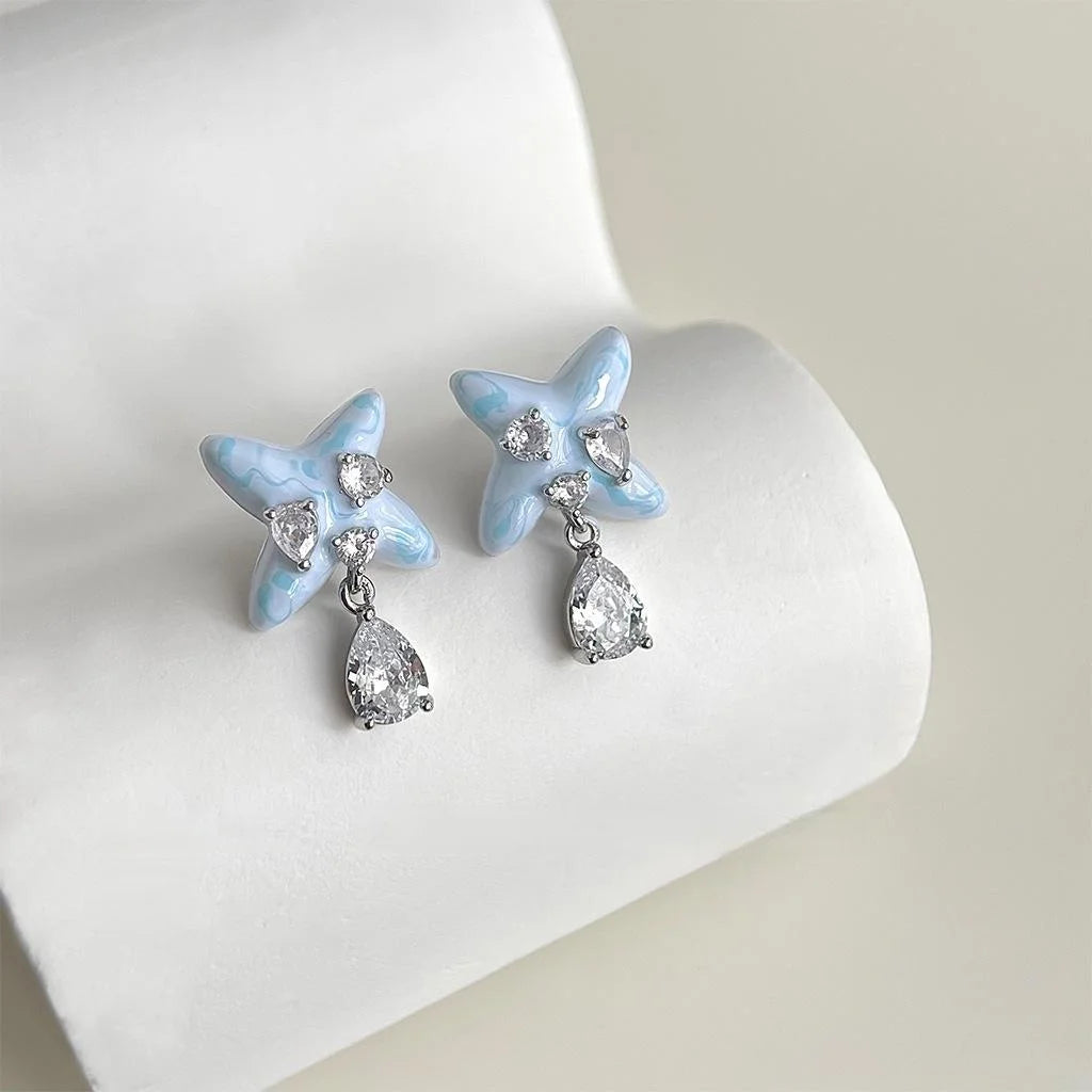 Original Design Enamel Starfish Drop Earrings Eco Copper Micro Pave Zircon Designer Jewelry