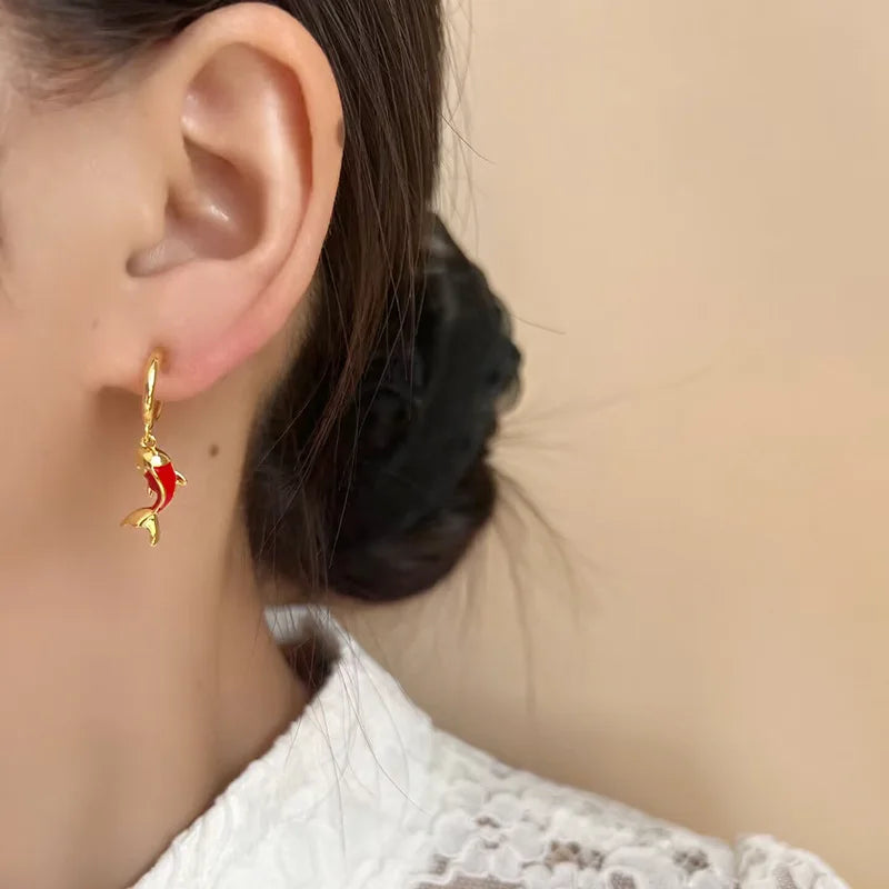 Elegant Chinese Style Red Enamel Koi Fish Hoop Dangle Stud & Clip On No Piercing Alloy Earrings