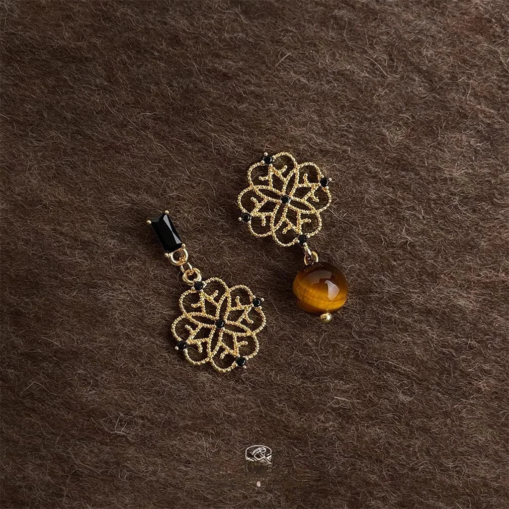 Old Money Copper Tiger Eye Zircon Micro Pave Asymmetric Geometric Drop Earrings