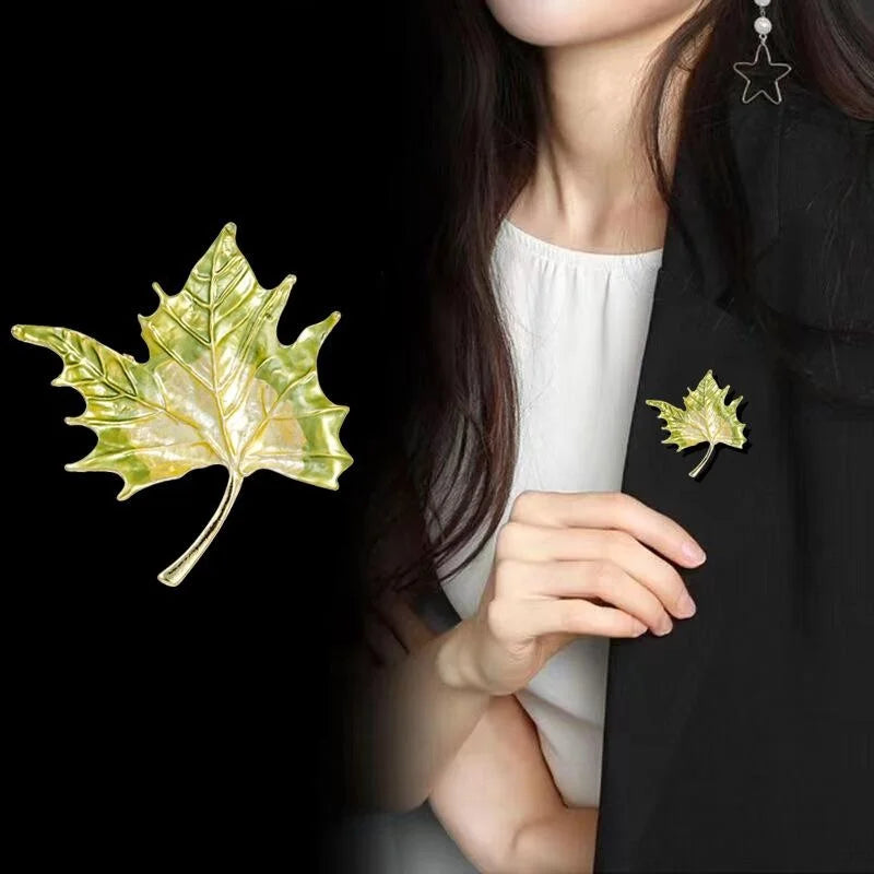 Elegant Green Enamel Maple Leaf Brooch, Gold Tone Autumn Leaf Lapel Pin Corsage Suit Accessory Gift