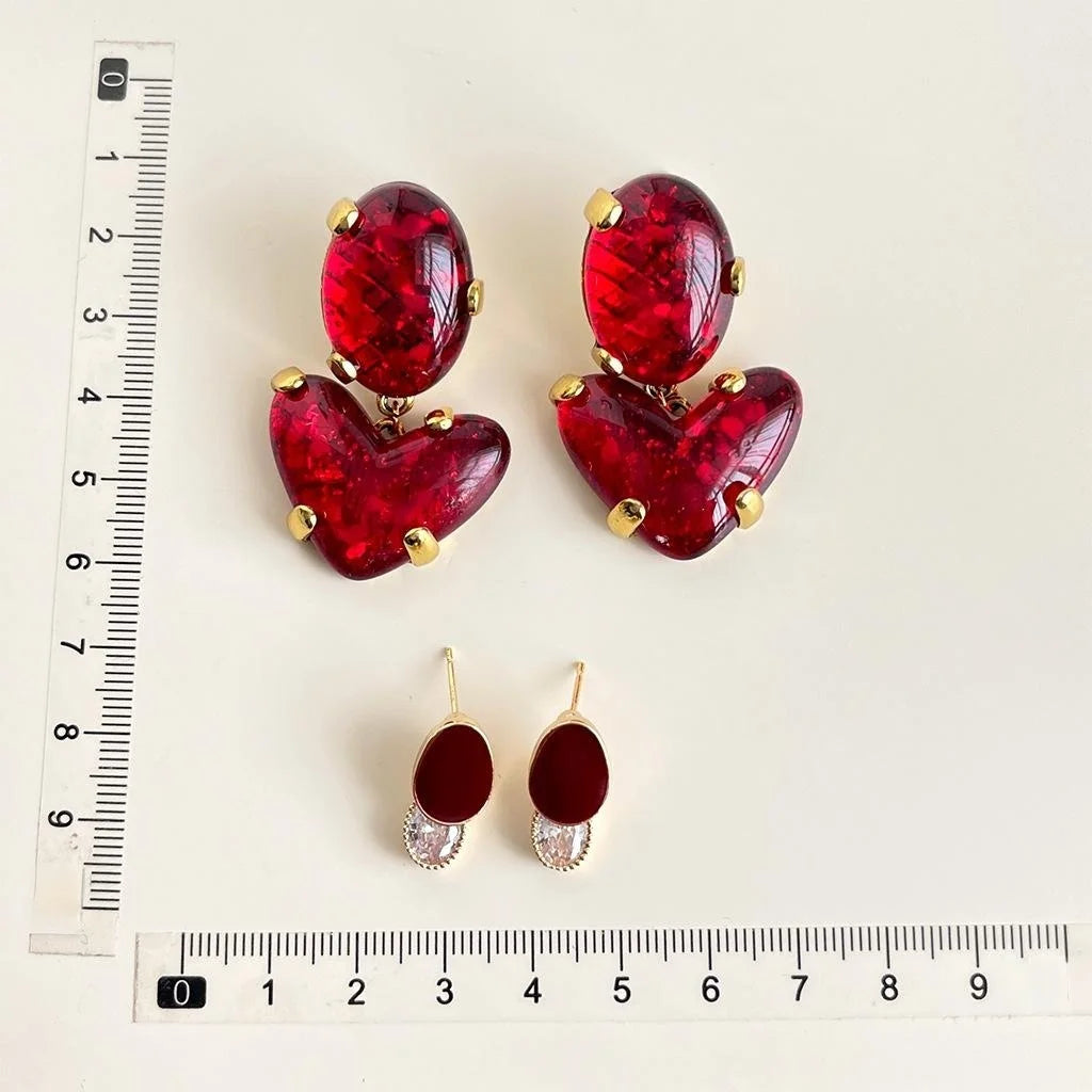 French Vintage Red Enamel Geometric Copper Drop Earrings Light Luxury Niche Jewelry