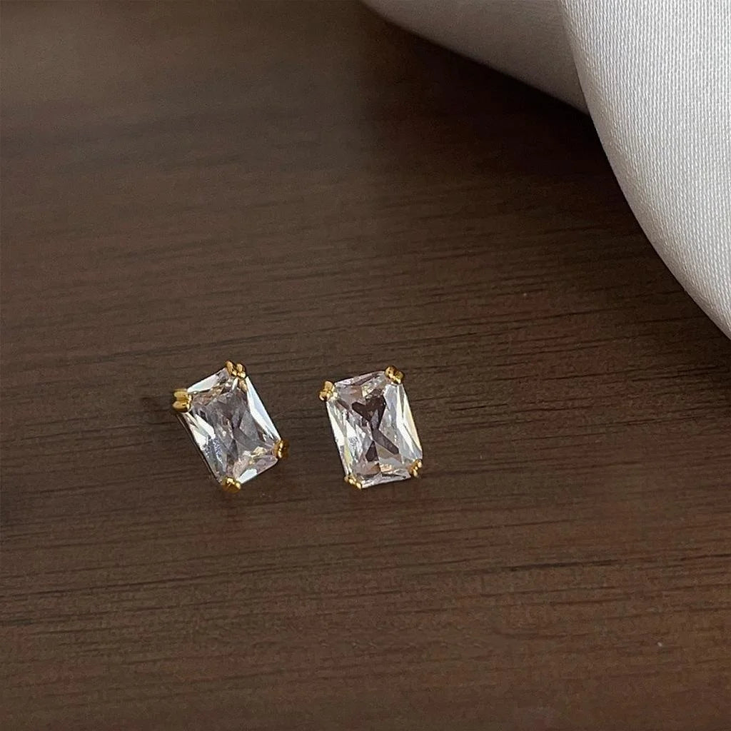Minimalist Copper Geometric Square Zircon Stud Earrings, Ice Cube Texture Fashion Jewelry