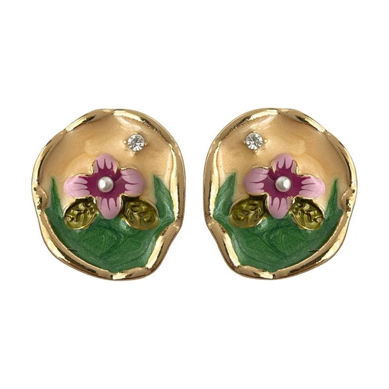 Copper 14K Gold Plated Enamel Painted Flower Stud Earrings Vintage Chinese Style