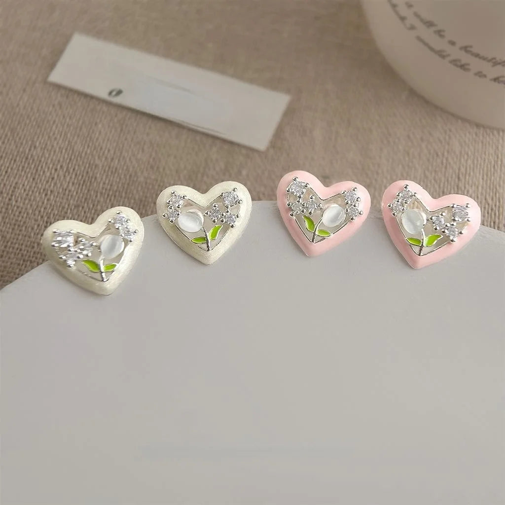 Sweet Tulip Heart Zircon Enamel Copper Stud Earrings With Silver Plated Pins