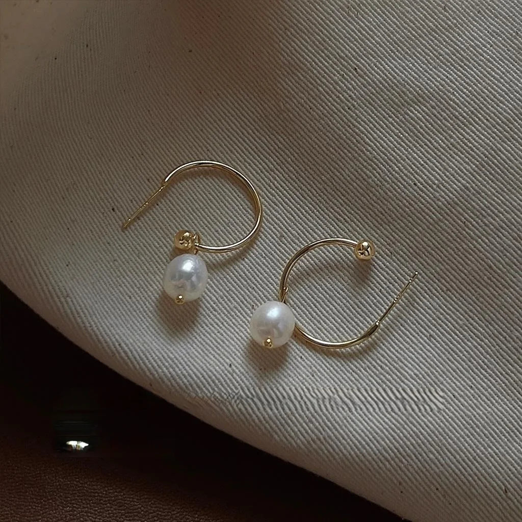 14K Gold Plated C Shape Freshwater Pearl Hoop Earrings Korean Versatile Style