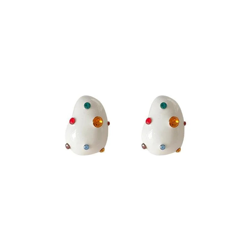 14K Plated Copper Milky White Enamel Rhinestone Irregular Geometric Stud Earrings